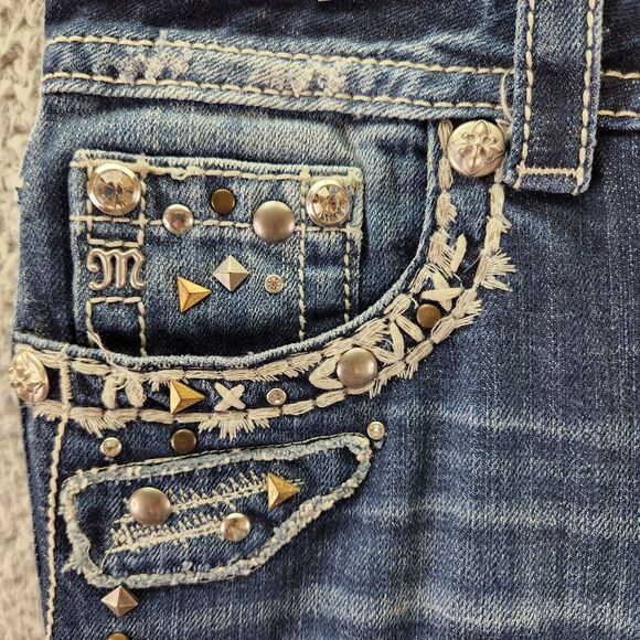 Miss Me Womens Jeans SZ 28 Signature Rise Bootcut Dark Wash Studded Thick Stitch - Picture 10 of 12